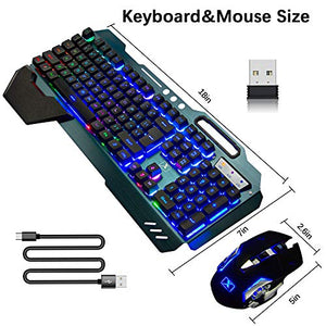 Gaming Keyboard Mouse & Mouse Pad Kit,3 in 1 Rainbow Backlit Rechargeable Wireless Keyboard Mouse with 3800mAh Battery Metal Panel Removable Hand Rest,RGB Gaming Mousepad(32.5x12inch),Gaming Mouse
