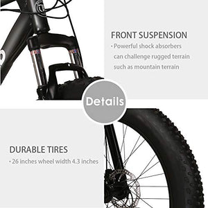 Max4out Fat Tire Mountain Bike 21 Speed Shimano Derailleur, with High Carbon Steel Frame, Double Disc Brake and Front Suspension Anti-Slip Bikes with 26 inch Wheels, Black