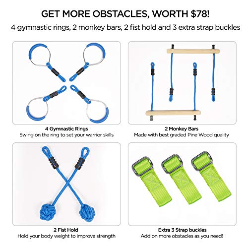 Load image into Gallery viewer, Ninja Warrior Obstacle Course for Kids Slackline kit with 8 Adjustable Obstacles Twin Gear Ratchet for Extra Safety Great Slack line Training Equipment of Length 40