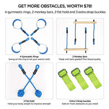 Load image into Gallery viewer, Ninja Warrior Obstacle Course for Kids Slackline kit with 8 Adjustable Obstacles Twin Gear Ratchet for Extra Safety Great Slack line Training Equipment of Length 40
