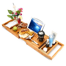 Load image into Gallery viewer, Hossejoy Bathtub Caddy Tray&amp; Laptop Desk with Foldable Legs, 2 in 1 Wisdom Design – Luxurious Bathtub Caddy with Extending Sides, Tablet Holder, Reading Rack,Cellphone Tray and Wine Glass Holder
