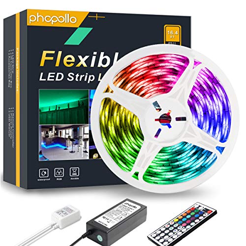 PHOPOLLO LED Strip Lights, 16.4FT Waterproof 5050 150LEDs RGB Flexible LED Lights for Bedroom with 44-Key IR Remote Controller and 12V Power Supply, Ideal for House and Holiday Decoration
