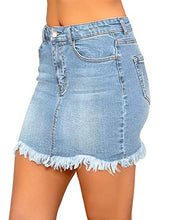 Load image into Gallery viewer, luvamia Women's Casual Mid Waisted Washed Raw Hem Pockets Denim Jean Short Skirt Blue Size Small
