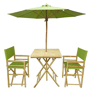 Zew 4-Piece Bamboo Outdoor Backyard Patio Set with Square Table, 2 Folding Canvas Chairs and Umbrella, White