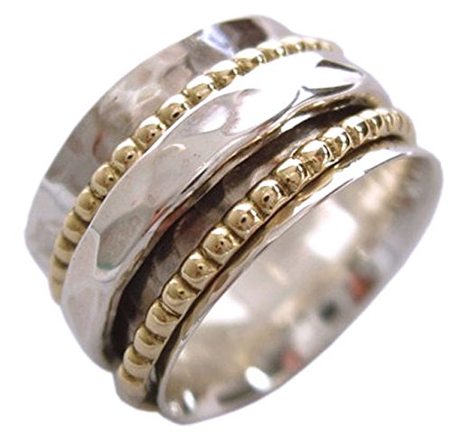 Energy Stone 925 Sterling Silver Clarity Meditation Spinner Ring with Silver and Brass Spinners on Hammered Pattern Base Ring (SKU US01) (8.5)
