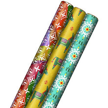 Load image into Gallery viewer, Hallmark Holiday Wrapping Paper with Cut Lines on Reverse (3 Rolls: 120 sq. ft. ttl) Teal, Yellow, Pink, Orange Patchwork and Donkeys for Christmas, Kwanzaa, Three Kings Day

