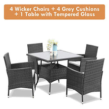 Load image into Gallery viewer, Wisteria Lane 5 Piece Outdoor Patio Dining Set, Wicker Glassed Table and Cushioned Chair, Umbrella Cut Out,Grey
