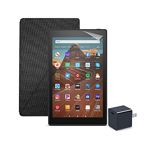 Fire HD 10 Tablet (32 GB, Black, Without Special Offers) + Amazon Standing Case (Charcoal Black) + Nupro Screen Protector (2-pack) + 15W USB-C Charger