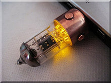 Load image into Gallery viewer, Handmade 32GB Orange Pentode Radio Tube USB 3.1 Flash Drive with Wood Stand. Steampunk/Industrial Style
