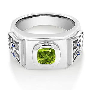 Gem Stone King 2.49 Ct Green Peridot Blue Created Sapphire 925 Sterling Silver Men's Ring (Size 10)