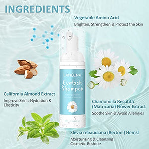 Eyelash Extension Cleanser, LANBENA Lash Shampoo, Eyelash Extension Shampoo, Lash Cleanser for Extensions, Lash Foam Cleanser, Chamomile Eyelash Cleaner, Paraben & Sulfate & Oil Free for Salon and Home Use (60ml 2 Fl Oz )