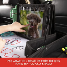Load image into Gallery viewer, Lusso Gear: Kids Travel Tray with Dry Erase Board, No-Drop Tablet Holder, Lap Desk for Traveling with Cup Holder, Snack and Toy Storage Pockets, Fits Airplane and Booster Seats (Black)
