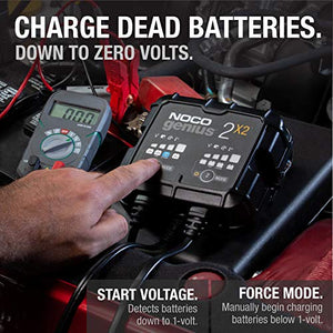 NOCO GENIUS2X2, 2-Bank, 4-Amp (2-Amp Per Bank) Fully-Automatic Smart Charger, 6V and 12V Battery Charger, Battery Maintainer, and Battery Desulfator with Temperature Compensation