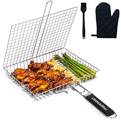 Grill Basket, Barbecue BBQ Grilling Basket, Stainless Steel Large Folding Grilling baskets With Handle, Portable Outdoor Camping BBQ Rack for Shrimp, Vegetables, Barbeque Griller Cooking Accessories