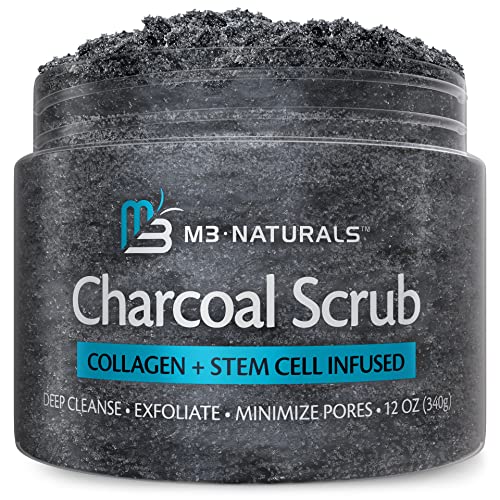 M3 Naturals Charcoal Exfoliating Body Scrub Polish with Collagen & Stem Cell Gentle Body Exfoliator Face Scrub Bump Eraser Booty Scrub Best Shower Scrub Skin Exfoliant for Men & Women 12 oz