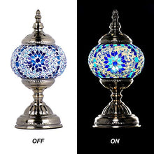 Load image into Gallery viewer, Marrakech Turkish Table Lamp Mosaic Glass Bedside Table Lamp Moroccan Lantern Tiffany Style Night Lights with Bronze Base for Living Room (Blue)
