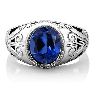 Gem Stone King 925 Sterling Silver Oval Blue Simulated Sapphire Men's Ring 6.13 Ct (Size 13)