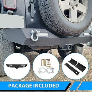 Rear Bumper Compatible with 2007-2018 Jeep Wrangler JK & Unlimited Rock Crawler Bumper w/2" Hitch Receiver, D-Ring, LED Lights (Textured Black)