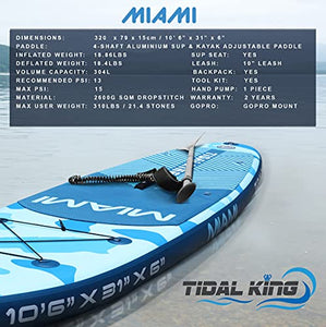 Tidal King Miami 10' 6" Stand Up Paddle Board ISUP - with Adjustable Paddle, Top Accessories - Pump, Leash & Backpack - Standard SUP or Kayak Kit Options (SUP/Kayak)