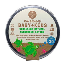 Load image into Gallery viewer, Raw Elements Baby + Kids SPF 30 Organic Sunscreen Lotion Non-Nano Zinc Oxide, Reef-Safe, Cruelty-Free, Gentle and Moisturizing, Zero Waste Tin, 3oz
