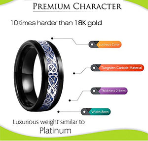 N-A 8 mm Unisex Black Tungsten Carbide Ring with Dragon Blue Rings Carbon Fiber Inlay Polished Shiny Beveled Design