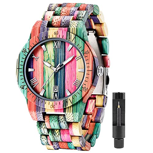 Men Watches with Handmade Colorful Bamboo Wood Watch Analog Quartz Wooden Watch for Men