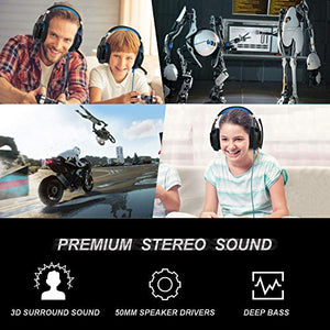 Gaming Headset with Mic for PC,PS4,Xbox One,Over-Ear Headphones with Volume Control LED Light Cool Style Stereo,Noise Reduction for Laptops,Smartphone,Computer (Black & Blue)