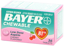 Load image into Gallery viewer, Aspirin Regimen Bayer, 81mg Chewable Tablets, Pain Reliever, Cherry, 36 Count

