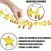 Load image into Gallery viewer, Shiny, Happy New Year Banner Gold - No DIY, 10 Feet | Foil Script New Years Eve Banner for New Years Eve Party Supplies 2023 | New Years Banner for Happy New Year Decorations 2023 | New Years Backdrop
