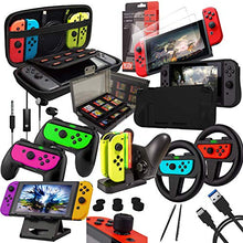 Load image into Gallery viewer, Switch Accessories Bundle - Orzly Geek Pack for Nintendo Switch: Case &amp; Screen Protector, Joycon Grips &amp; Racing Wheels, Switch Controller Charge Dock, Comfort Grip Case &amp; More - JetBlack
