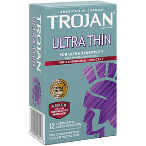 Trojan Condom Sensitivity Ultra Thin Spermicidal, 12 Count (Packaging May Vary)