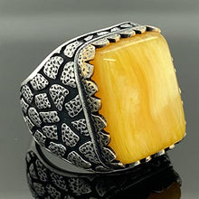 Load image into Gallery viewer, Men Silver Ring, Amber Stone Ring, Honey Amber Gemstone, Embroidered Ottoman Jewelry, 925 Sterling Silver Ring, Gifts for Him
