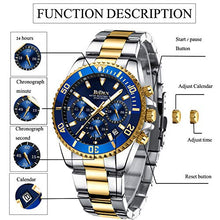 Load image into Gallery viewer, Mens Watches Chronograph Gold Blue Stainless Steel Waterproof Date Analog Quartz Business Casual Fashion Wrist Watches for Men

