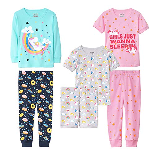 Girls' 6-Piece Snug-Fit Cotton Pajama Set Sleepwear (Unicorn/Sleep in, 8)