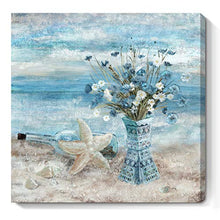 Load image into Gallery viewer, Bathroom Decor Wall Art Blue Beach Picture Ocean Theme Flower Canvas Print Modern Coastal Seascape Painting Framed Seaside Artwork Floral Daisy in Indian Vase for Home Sea Lake Bedroom 14x14inch
