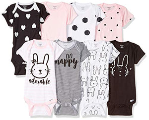 Gerber Baby Girls' 8 Pack Short Sleeve Onesies Bodysuits, Pink Bunny, 6-9 Months