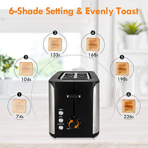 Toaster 2 Slice, Stainless Steel Bread Toaster, Extra Wide Slot Toaster with Bagel Gluten-Free Cancel Function 6-Shade Setting, Black