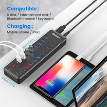 Load image into Gallery viewer, Powered USB 3.0 Hub, Wenter 11-Port USB Data Hub Splitter with 4 Smart Charging Ports and Individual LED On/Off Switches and 12V/3A Power Adapter USB Extension for Mac,Windows,Chrome &amp; Linux OS
