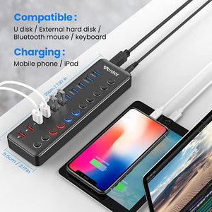Powered USB 3.0 Hub, Wenter 11-Port USB Data Hub Splitter with 4 Smart Charging Ports and Individual LED On/Off Switches and 12V/3A Power Adapter USB Extension for Mac,Windows,Chrome & Linux OS