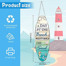 Load image into Gallery viewer, Hotop Metal Surfboard Sign Decor A Day At The Beach Restores The Soul Plaque Hanging Beach Decor for Wall and Door Outside Decor, 4 x 12.6 Inch
