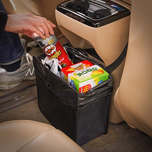 KMMOTORS Foldable Car Garbage Can Patented Car Waste Basket Comfortable Multifuntional Vegan Leather and Oxford Clothes Car Organizer Car Trash Can (Large, Black)