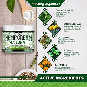 Haley Organics Hemp Cream - Made in USA - Natural Hemp Oil Extract Cream - for Discomfort in Knees, Back, Elbow and Joint - Muscle Cream infused with Arnica Extract oil, MSM and Menthol - 4 Fl Oz