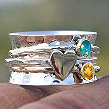 Load image into Gallery viewer, Amethyst and Moonstone Spinner Ring, 925 Sterling Silver Heart Designer Ring, Wide Band Ring, Hammered Meditation Ring (OPTIONS AVAILABLE FOR GEMSTONE &amp; HEART)
