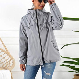 Rain Jackets for Women Zipper Hooded Raincoats Fall Hoodie Jacket Solid Long Sleeve Waterproof Windproof Outdoor Coat Memela Gray