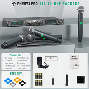 Wireless Microphone System, Phenyx Pro 4-Channel UHF Wireless Mic, Fixed Frequency Metal Cordless Mic with 4 Handheld Dynamic Microphones, 260ft Range, Microphone for Singing,Church,DJ (PTU-5000A)