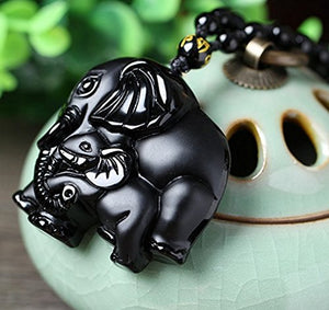 Handmade natural obsidian auspicious wealthy mother elephant jade pendant necklace