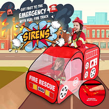 Load image into Gallery viewer, Fire Truck Tent with Sound Button for Kids Toddlers Boys &amp; Girls - Red Fire Engine Pop Up Pretend Playhouse Indoors &amp; Outdoors - Quick Set Up Weather Proof Fabric Foldable &amp; Spacious – Great Gift Idea
