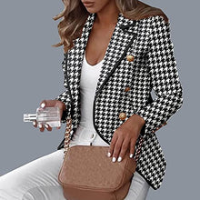 Load image into Gallery viewer, Women Houndstooth Cardigan, Fashion Casual Slim Fit Long Sleeve Blouses Top Fall Attire Print Button Down Suit Coat Black
