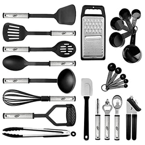 Kitchen Utensils Set 24 Nylon and Stainless Steel Cooking Utensil Set, Non-Stick and Heat Resistant Cooking Utensils Set, Kitchen Tools, Useful Pots and Pans Accessories and Kitchen Gadgets (Black)