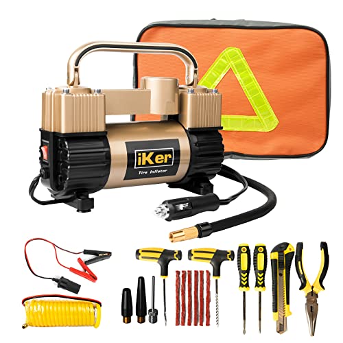 iKer Portable Air Compressor Pump Heavy Duty Tire Inflator for Car,Truck,SUV Tires,12V 70L/Min Double Cylinders Metal Air Pump 150PSI with Battery Clamp，11.5ft Extension Air Hose and Tire Repair Kit